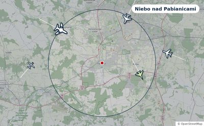 Mapa okolic miasta z sylwetkami samolotów — Niebo nad Pabianicami